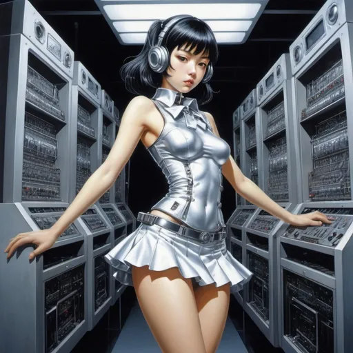 Prompt: Naoyuki Kato, Hajime Sorayama, Hiroyuki Asada, Nikos Engonopoulos, Mario Prassinos, Surrealism, wonder, strange, bizarre, fantasy, Sci-fi, Japanese anime, modern music factory tour, new exploration of musica combinatoria, miniskirt beautiful high school girl manipulates music machine, perfect voluminous body, detailed masterpiece 