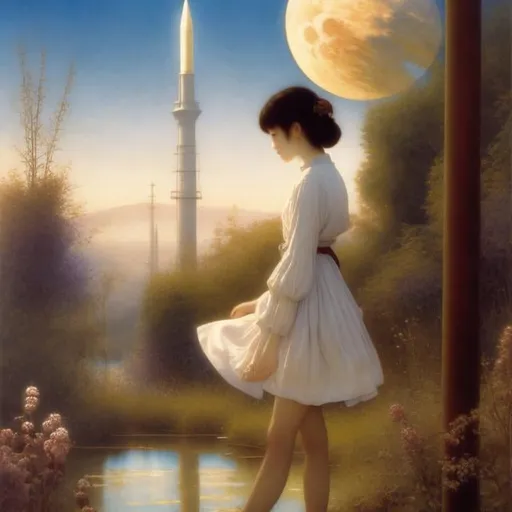 Prompt: Marianne Stokes Surreal, mysterious, bizarre, fantastic, fantasy, sci-fi, Japanese anime, moon and cream bread, coming art, wild grapes and pen, beautiful miniskirt high school girl, flying over a telephone pole, the other side of the dream, detailed masterpiece depth of field cinematic lighting 