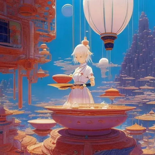 Prompt: Jean Giraud, Charles Robinson, Takeo Takei, Surreal, mysterious, strange, fantastic, fantasy, Sci-fi, Japanese anime, cooking is like magic, delicious food is happiness, beautiful girl chef, detailed masterpiece 