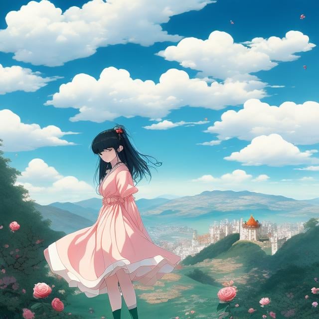 Prompt: Kate Greenaway, Rumiko Takahashi, Surreal, mysterious, strange, fantastical, fantasy, Sci-fi, Japanese anime, a crumbling tower made of wooden chairs, dancing rose petals, a beautiful girl in a miniskirt painting the world, blue sky, clouds, perfect body, detailed masterpiece 