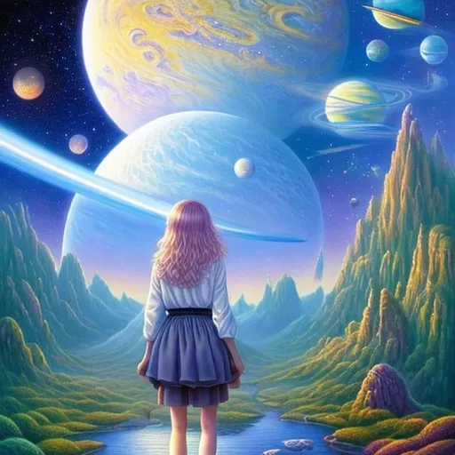Prompt: Barclay Shaw, George Barr, A E Marty, Surreal, mysterious, bizarre, fantastical, fantasy, Sci-fi, Japanese anime, science night story in a corner of the galaxy, told by a physicist, wonderfully mysterious and beautiful, the small wonders of this world, a beautiful miniskirt girl scientist who illuminates the depths of the world with the light of mathematics, detailed masterpiece