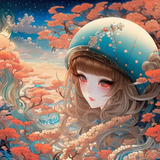 Prompt: Ukiyo-e style, Tony Sart, Margaret Tarrant Anime　surreal　absurderes　wondrous　strange　Whimsical　Sci-Fi Fantasy　Inside the theater　Floating Moon　a beauty girl Japanese anime, manga lines, hyperdetailed high quality high definition high resolution masterpiece 