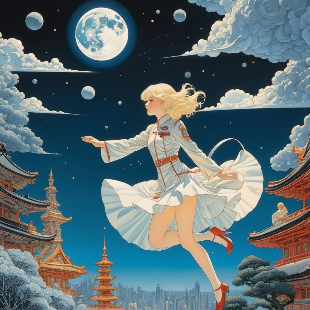 Prompt: James Jean, George Barbier, Helmut Kollars, Tom Seidmann-Freud, Maximilian Liebenwein, Surrealism Mysterious Weird Fantastic Fantasy Sci-fi, Japanese Anime, Singing in the rain of falling star fragments, The broken moon, Miniskirt beautiful girl Astronauts, detailed masterpiece perspectives low high angles 