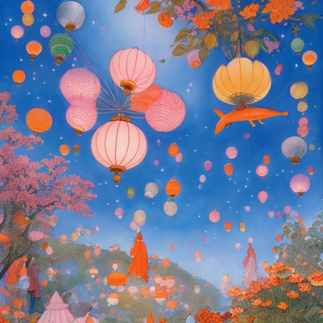 Prompt: Elsa Beskow, Margaret Tarrant, Japanese Anime Surreal Mysterious Bizarre Sci-fi Fantasy Fantasy Stalls Festival Lanterns Beautiful Kimono girl Galactic Sky School of Goldfish Swimming in the Air Bird's Eye View, hyperdetailed high resolution high definition high quality masterpiece