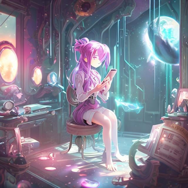 Prompt: animesque　wondrous　strange　Whimsical　surreal　fanciful　Sci-Fi Fantasy　beauty girl　Study room at home　a girl looking at her smartphone floating in the air about 50 cm above the floor