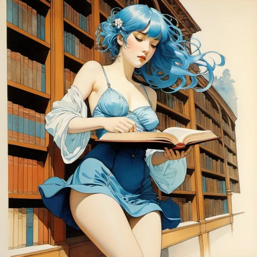Prompt: Rene Gruau, Alphonse Mucha, Surreal, mysterious, strange, fantastical, fantasy, Sci-fi, Japanese anime, book lover's ascension, blue-haired miniskirt beautiful girl, perfect voluminous body, Infinite Library, detailed masterpiece hand coloured drawing