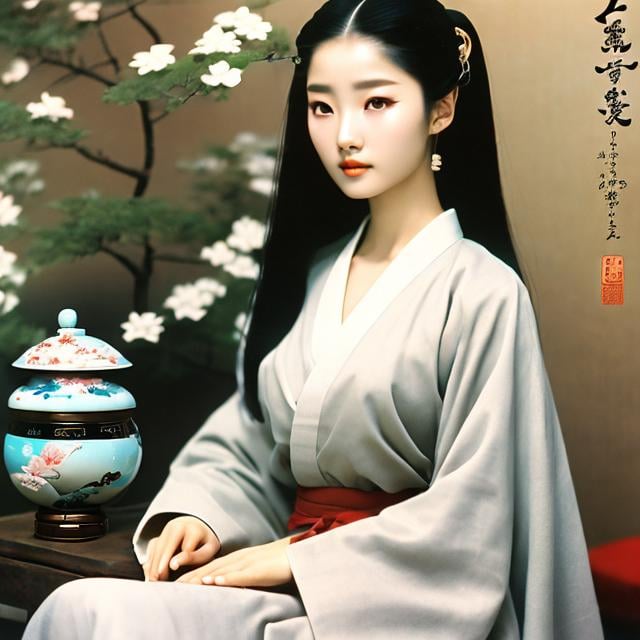 Prompt: Kenji Tsuruta, Alan Lee, Surreal, mysterious, strange, fantastical, fantasy, Sci-fi, Japanese anime, microcosm of the tea ceremony, beautiful girl in miniskirt kimono, perfect voluminous body, detailed masterpiece 