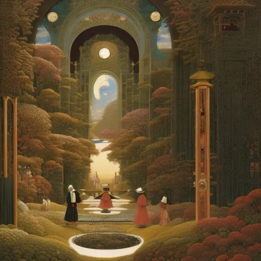 Prompt: Richard Dadd, Kawase Hasui Anime Surreal Mysterious Bizarre Fantastic Sci-fi Fantasy Inside the Clock, m Time Cat, Exploring Girl, Giant Eternal Hourglass, hyperdetailed high resolution high definition high quality masterpiece