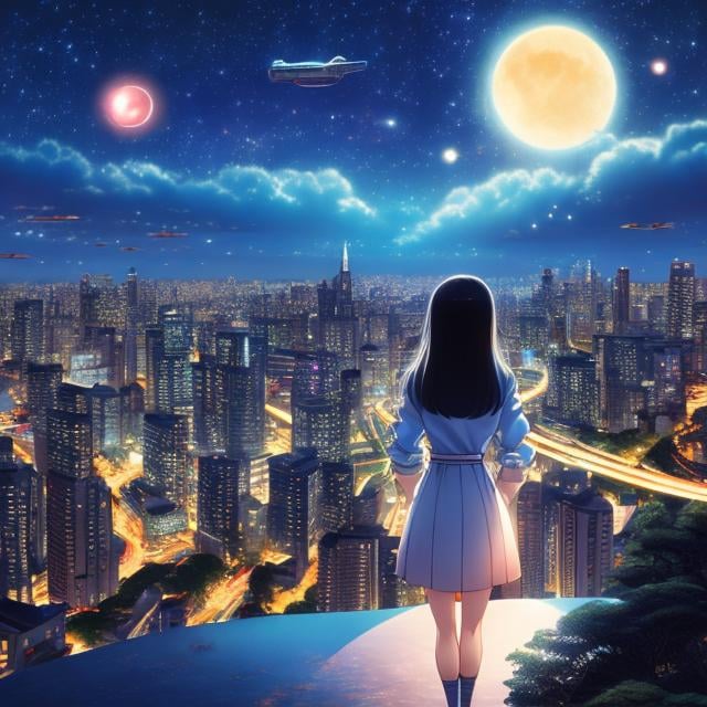 Prompt: Shigeru Tamura, Keiko Takemiya, Surreal, mysterious, strange, fantastical, fantasy, sci-fi, Japanese anime, miniskirt beautiful girl visitor from the night sky, perfect voluminous body, city night view swimming in the air with falling stars, 