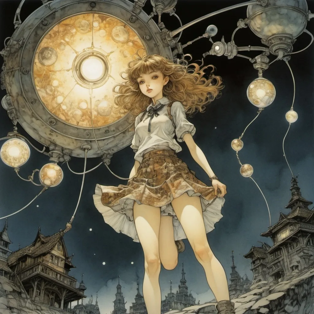 Prompt: Arthur Rackham, Olga Čechová, Katsuya Terada, Taiyo Matsumoto, Henryk Waniek, Surrealism, Mysterious, Strange, Outlandish, Fantasy, Sci-fi, Japanese Anime, Searching for the magic furnace that created atoms, A beautiful high school girl in a miniskirt made of star fragments, Atoms travel, detailed masterpiece 