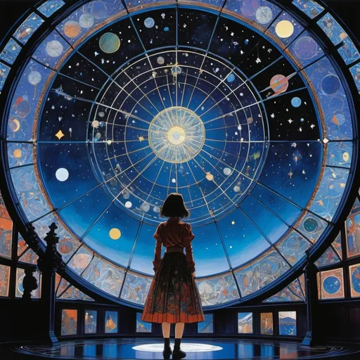 Prompt: Harry Clarke, Claudia Gadotti, Jerry Pinkney, Takeo Takei, Katsuji Matsumoto, Surrealism, strange, bizarre, fantastical, fantasy, Sci-fi, Japanese anime, looking at a transparent dome planetarium from outside, a machine that assembles constellations, a beautiful high school girl in a miniskirt, perfect voluminous body, detailed masterpiece 