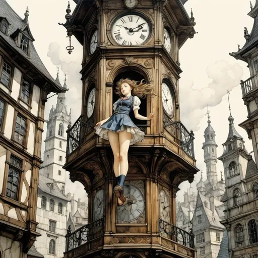 Prompt: Arthur Rackham, Mario Prassinos, M C Escher, Bruno Capacci, James Jean, Heikala, Surrealism, wonder, strange, bizarre, fantasy, Sci-fi, Japanese anime, miniskirt beautiful high school girl climbing a clock tower inside a book inside a book inside a book, perfect voluminous body, architecture on paper, detailed masterpiece 