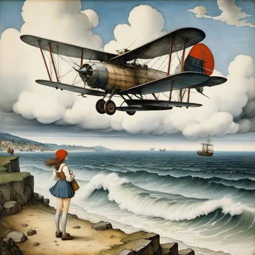 Prompt: Pieter Bruegel the Elder, Anton Pieck, Surreal, mysterious, strange, fantastical, fantasy, Sci-fi, Japanese anime, meeting of the sea and sky, whale, biplane, clouds, waves, miniskirt beautiful high school girl, perfect voluminous body, detailed masterpiece low high angles perspectives 