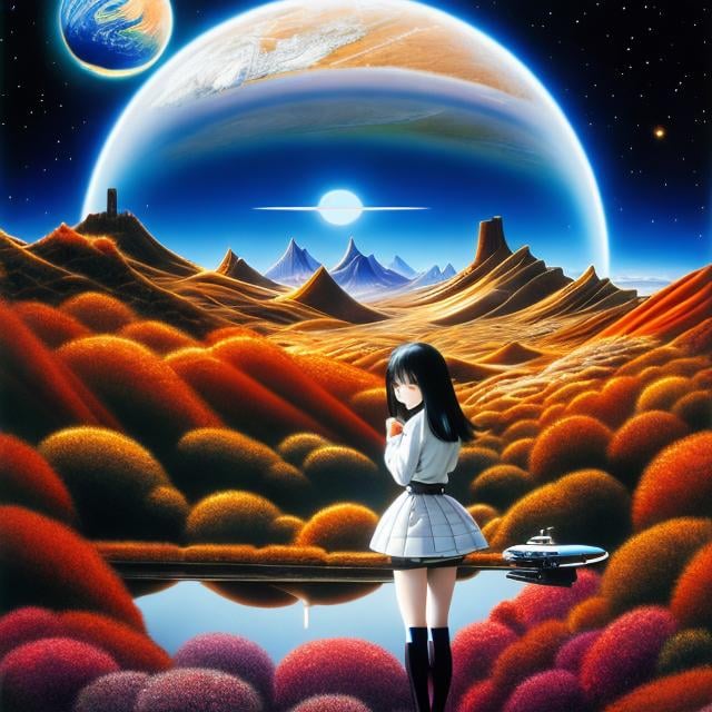 Prompt: Frank Marsden, Takashi Ito, Surreal, mysterious, bizarre, fantastical, fantasy, Sci-fi, Japanese anime, wind-up taxi, beautiful high school girl in a miniskirt, perfect voluminous body, connection between the inside of the earth and the universe, inside the clock, detailed masterpiece 