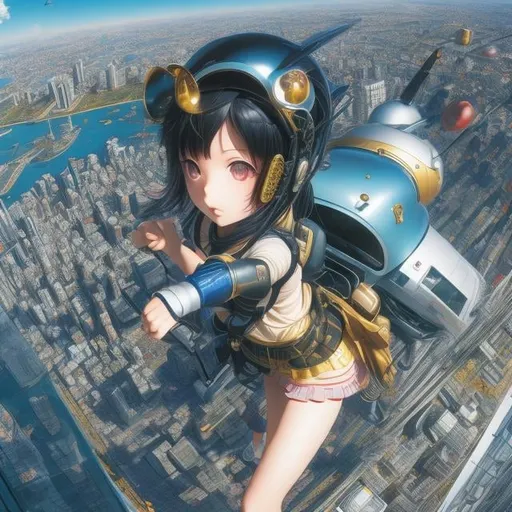 Prompt: Katsuhiro Otomo, Masamune Shirow, Naoyuki Katoh, Surreal, mysterious, strange, fantastical, fantasy, Sci-fi, Japanese anime, Tokyo perspective, miniskirt beautiful high school girl, perfect voluminous body, helicopter, detailed masterpiece bird’s eye views wide angle zoom in 