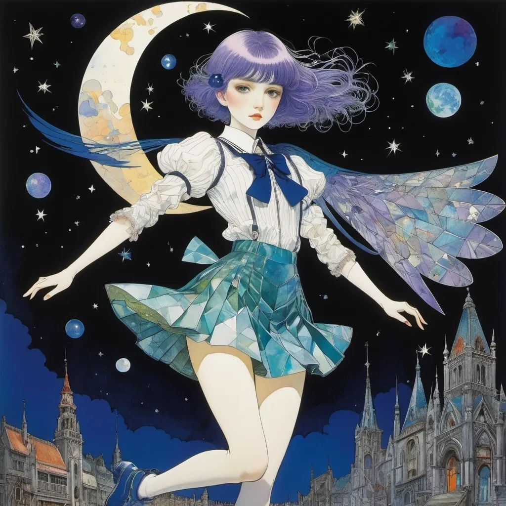 Prompt: Harry Clarke, Bruno Capacci, Avis Acres, Mineo Maya, Antonio Rubino, Surrealism, wonder, strange, bizarre, fantasy, Sci-fi, Japanese anime, tonight we will steal the stars, fluorite and moonstone, a beautiful high school girl in a miniskirt who flies a paper airplane, perfect voluminous body, detailed masterpiece 