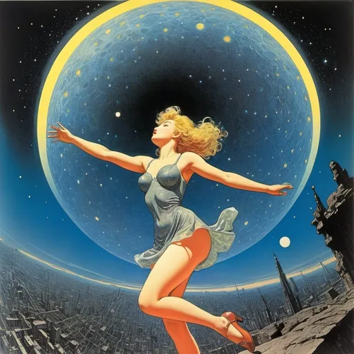 Prompt: Virgil Finlay full colours, Hans Bellmer, Sydney Sime, Edmond Dulac, Ichiro Tsuruta, Surrealism, wonder, strange, bizarre, fantasy, sci-fi, Japanese anime, meteor shower in the underground world, between the lunar and solar eclipses, a beautiful high school girl in a miniskirt dives into the night sky, perfect voluminous body, detailed masterpiece cute coquettish 