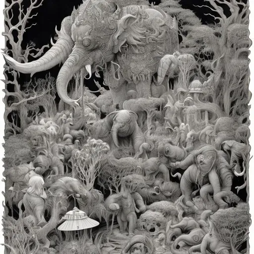 Prompt: Maurice Sendak, Frank Miller, surreal, mysterious, bizarre, bizarre, fantasy, Sci-fi, Japanese anime, friendship and secrets, secret societies, glowing elephants, multi-legged snakes, fish standing upright on the surface of the water, mythical creatures, fire that transcends evolution, language, beauty, time, detailed masterpiece 