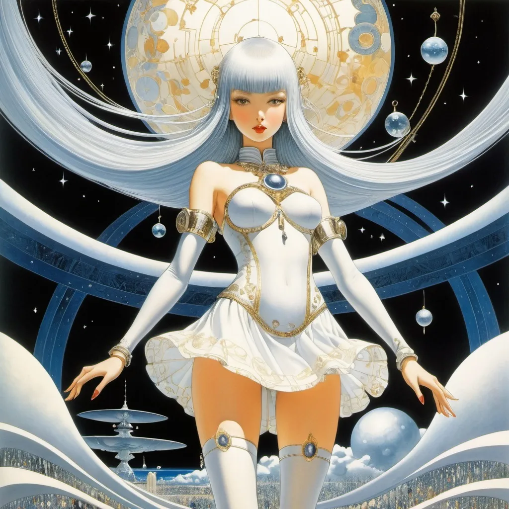 Prompt: Kay Nielsen, Viive Noor, Hilda Hodnefjeld, Tatsuyuki Tanaka, Hajime Sorayama, Surrealism, wonder, bizarre, bizarre, fantasy, Sci-fi, Japanese anime, ship full of voices of the night, miniskirt beautiful girl apprentice alchemist, perfect voluminous body, giant soldier, spy, whip, celestial sphere, detailed masterpiece 