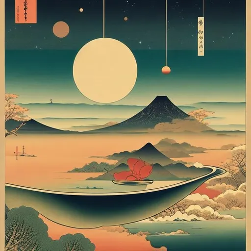 Prompt: Ukiyo-e style surreal mysterious strange bizarre fantasy sci-fi fantasy solar system sinking into a coffee cup