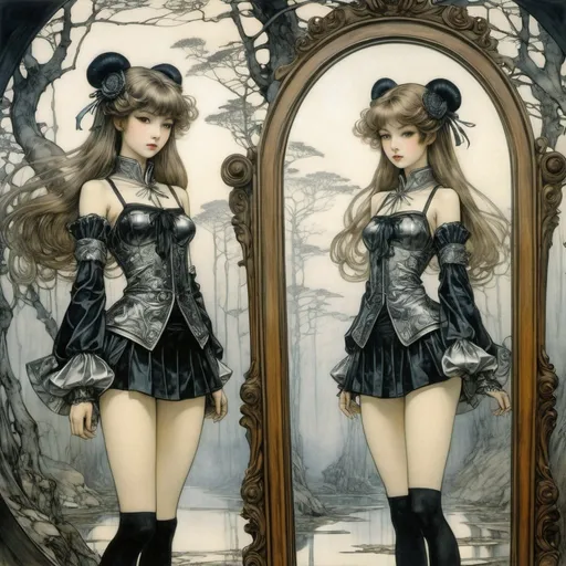 Prompt: Arthur Rackham, Malcolm Smith, Surreal, mysterious, strange, fantastical, fantasy, Sci-fi, Japanese anime, miniskirt twin beautiful sisters, perfect voluminous bodies, gods and heroes, evil half, twin spirits, inside the mirror, reflections and detailed masterpiece 