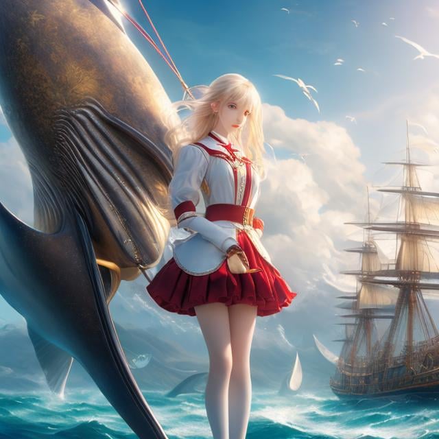 Prompt: Walter Cranes, Dali, Surreal, mysterious, strange, fantastical, fantasy, Sci-fi, Japanese anime, mannerism game, beautiful blonde miniskirt girl Alice plays the violin while walking a tightrope, perfect body, forest of symbolism, sailing ship pulled by a whale, hyper detailed masterpiece high resolution definition quality, depth of field, cinematic lighting 