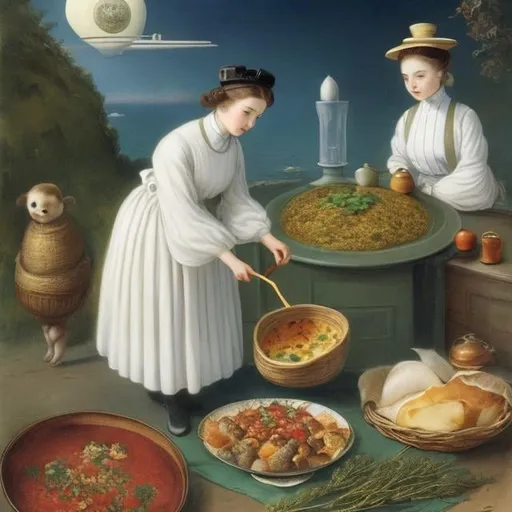 Prompt: Kate Greenaway, Mabel attwell, Margaret Tarrant, Barbara Cooney, Surreal, mysterious, bizarre, fantastical, fantasy, Sci-fi, Japanese anime, science of food, human journey in search of gastronomy, fire, cooking, and human evolution, the influence of cooking on the human brain, the microscopic world of starch in food, the art of cooking. Beautiful girl in miniskirt combines meat, vegetables, and seafood with the science of cooking, detailed masterpiece 
