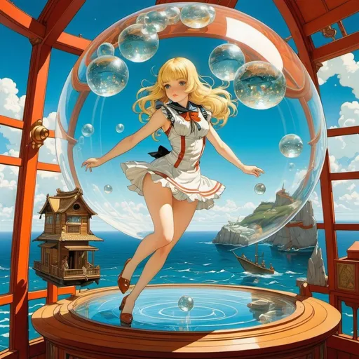 Prompt: William Tomlinson, Eugène Grasset, Surreal, mysterious, strange, fantastical, fantasy, Sci-fi, Japanese anime, observatory, shipwreck, bathing hut, sea orchestra, flying demon magic, crystal ball, diorama, blonde miniskirt beautiful girl Alice, perfect voluminous body, detailed masterpiece 