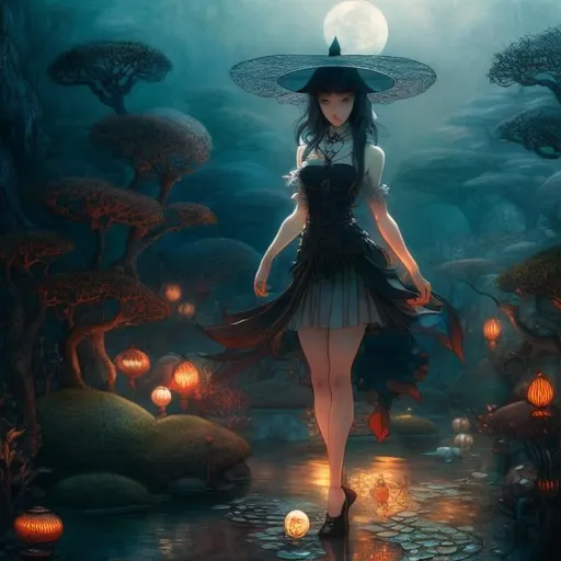 Prompt: Arthur Rackham, James Jean, Surreal, mysterious, strange, fantastical, fantasy, Sci-fi, Japanese miniature garden on a full moon night, melting prism, miniskirt beautiful high school girl, perfect voluminous body, detailed masterpiece 
