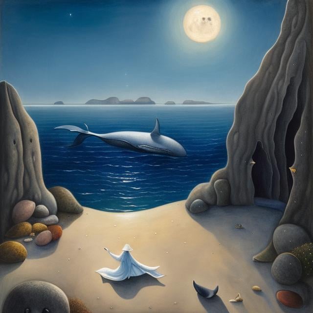 Prompt: Leonora Carrington,  Mabel Lucie Attwell, Margaret Tarrant, moon sleeping in basement, a girl wondering looking for her fate, whale beach, orb, detailed, high quality, high resolution, high definition, masterpiece Water colour