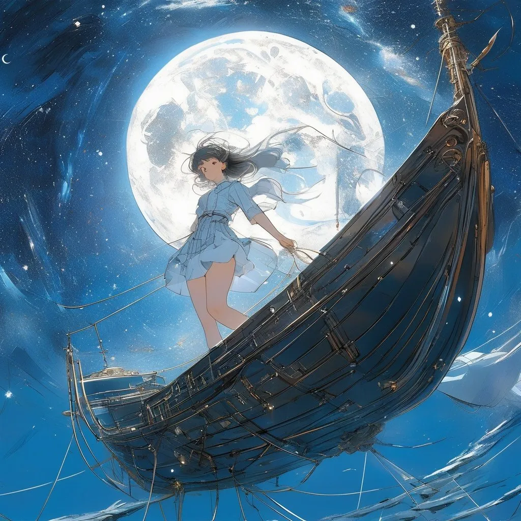 Prompt: Virginia Lee Burton, Antonio Rubino, Surreal, mysterious, strange, fantastical, fantasy, Sci-fi, Japan anime, boat floating in the ocean of mathematics, discontinuation of the horizontal nest line, blueprint of the moon, miniskirt beautiful girl, perfect voluminous body, detailed masterpiece 