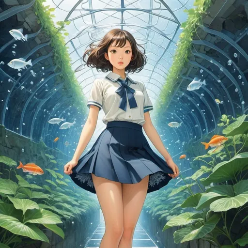 Prompt: Chie Shinohara, Gorge Barbier, Surreal, mysterious, bizarre, fantastical, fantasy, Sci-fi m, Japanese anime. The books of nature are written in the language of mathematics. Octopus blueprints. Approaching the morphogenesis of plants and animals. Snowflakes, cracks in glass, rivers, leaf veins, road networks. Miniskirt beauty. girl high school girl, perfect voluminous body, detailed masterpiece 