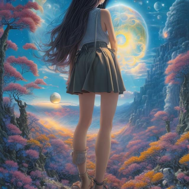 Prompt: Hiroshi Masumura, surreal, mysterious, strange, bizarre, fantasy, Sci-fi fantastic, Japanese anime, age of integration, consciousness, philosophy, religion, science, creativity, extraterrestrial civilization, past life, future life, parallel life, multidimensional self, time and space, miniskirt girl, detailed masterpiece 