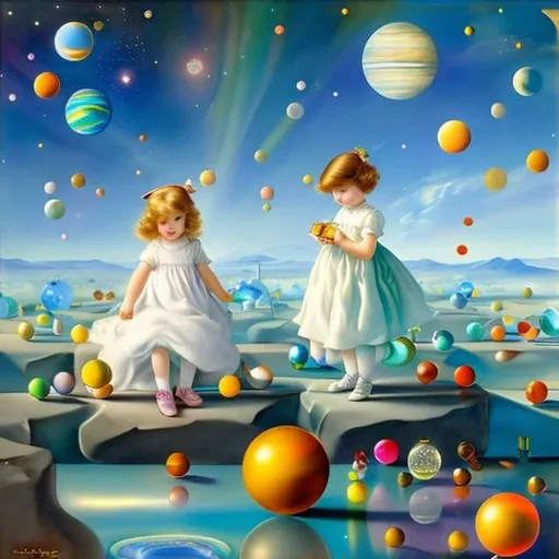 Prompt: Margaret Tarrant, Dali Kate Greenaway Whimsical　Sci-Fi Fantasy　Solar system in marbles　Girl peeking at marbles Hyperdetailed high resolution high definition high quality masterpiece