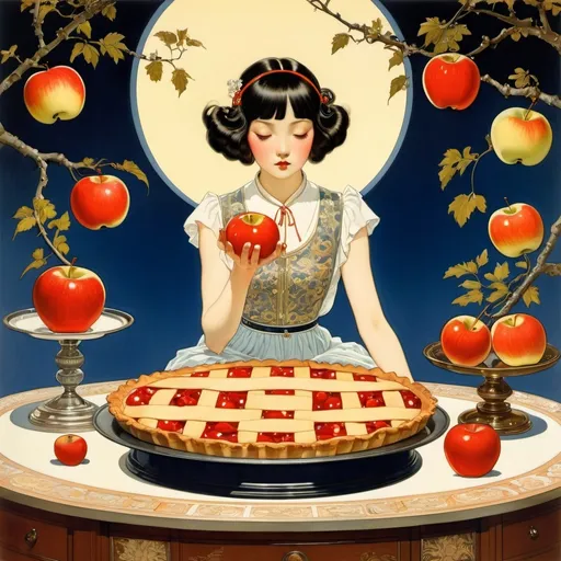 Prompt: Margaret Tarrant, Coles Phillips, Virginia Frances Sterrett, Katsuya Terada, Moto Hagio, Surrealism, wonder, strange, fantastical, fantasy, Sci-fi, Japanese anime, slumber in a jam jar, burning apple pie, beautiful girl in a miniskirt, gourmet, perfect voluminous body, Sunday table, detailed masterpiece 