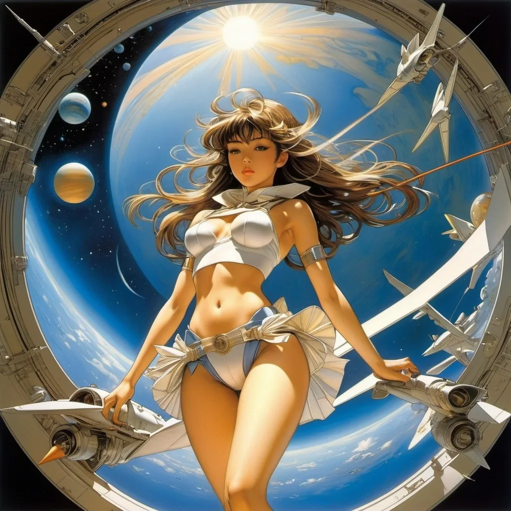 Prompt: Masamune Shirow, Hajime Sorayama, Alphonse Mucha, Edward Okuń, Diane Dillon, Surrealism, wonder, strange, bizarre, fantasy, Sci-fi, Japanese anime, origami airplanes in the solar system, beautiful high school girl in miniskirts in a world inside a box, perfect voluminous body, detailed masterpiece low high angles perspectives 