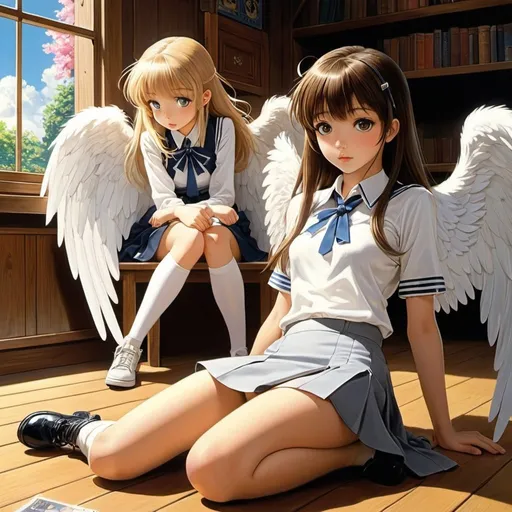 Prompt: August Bleser Jr, George Brehm, A E Narty, Surrealism Mysterious Weird Fantastic Fantasy Sci-Fi, Japanese Anime, Fallen Angel in the Attic, A beautiful high school girl in a miniskirt chatting with a fallen angel, perfect voluminous body, detailed masterpiece 