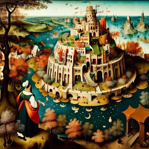 Prompt: Pieter Bruegel the Elder, Hiroshi Masumura, Surreal, mysterious, strange, fantastical, fantasy, Sci-fi, Japanese anime, castle in the tree, spiral staircase with keyboard, coral hair, lady in miniskirt dress, perfect voluminous body, detailed masterpiece 