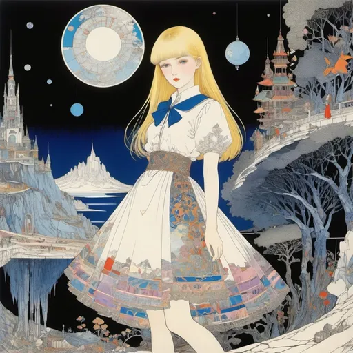 Prompt: Harry Clarke, Lena Anderson, Irene Hedlund, Ib Spang Olsen, Tomoe iwaoka, Surrealism, strange, bizarre, fantastical, fantasy, Sci-fi, Japanese anime, time travel on paper, maps, timetables, blueprints, cross-sections, three-point perspective, sightseeing trip of the beautiful blonde miniskirt girl Alice, perfect voluminous body, detailed masterpiece 