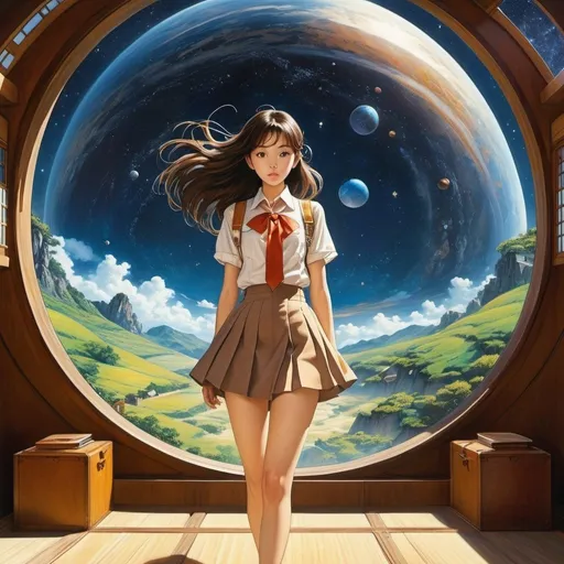 Prompt: Takeo Takei, Max Velthuijs, Thé Tjong-Khing, Charlotte Dematons, Erik Kriek, Charles Robinson, Surrealism, wonder, strange, bizarre, fantasy, Sci-fi, Japanese anime, labyrinth in a box, spherical astronomy, equatorial coordinates and miniskirt beautiful high school girl, perfect voluminous body, diurnal movement, detailed masterpiece 