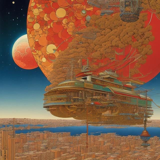 Prompt: katsuhiro Otomo, Jean Giraud, Anne Anderson, Walter Crane, Ukiyo-e, Japanese anime, surreal, mysterious, bizarre, bizarre, fantasy, sci-fi fantasy, other world, pizza delivery boy, moonlit night, riding a bicycle on high voltage electric wires, hyper detailed, high resolution high definition high quality masterpiece 