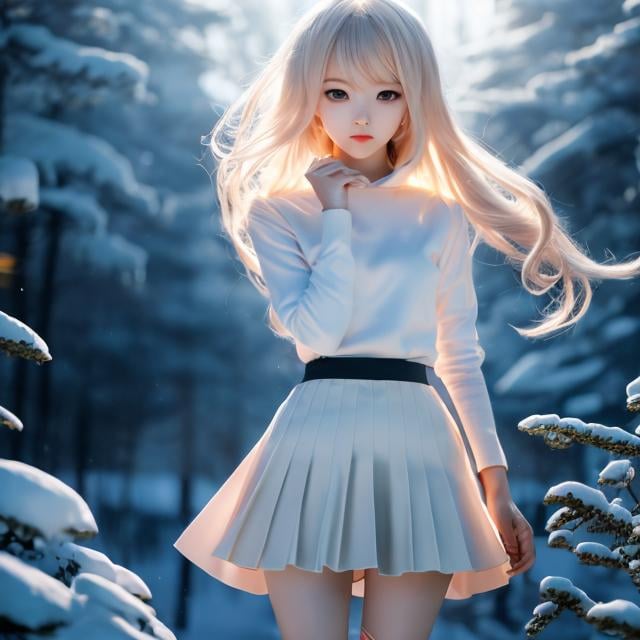 Prompt: Kohei Horikoshi, Alan Baker, Surreal, mysterious, strange, fantastical, fantasy, Sci-fi, Japanese anime, wonder and natural order, dawn of winter, beautiful blonde miniskirt girl Alice, perfect voluminous body, detailed masterpiece cinematic lighting wide angle close up