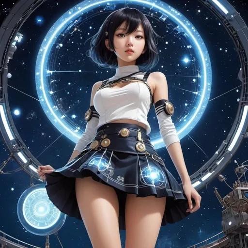 Prompt: André Mare, Kazue Kato, Surreal, mysterious, strange, fantastical, fantasy, Sci-fi, Japanese anime, mechanical punk constellation, miniskirt beautiful girl, perfect voluminous body, mysterious object, detailed masterpiece 