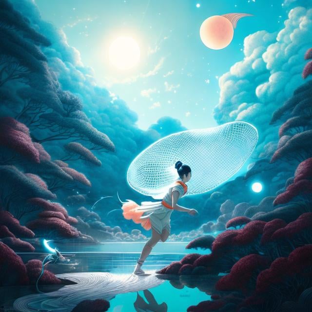 Prompt: James Jean, Takeo Takei, Surreal, mysterious, strange, fantastical, fantasy, sci-fi, Japanese anime, catching a comet with a bug net, crescent moon, crystal clear night sky, detailed masterpiece 