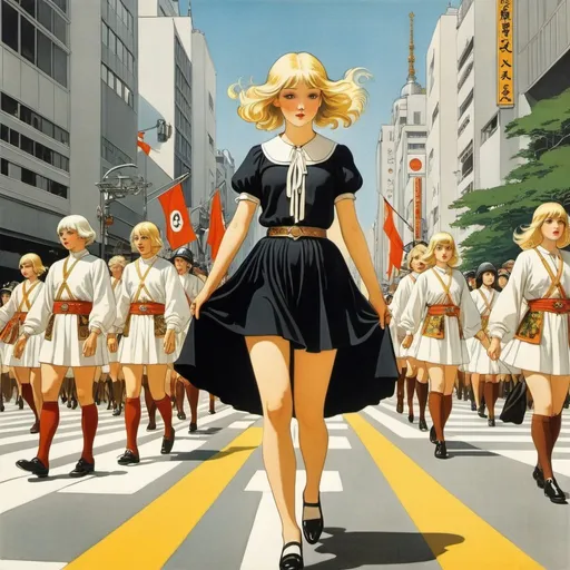 Prompt: Sulamith Wülfing, Friedrich Schröder Sonnenstern, Dariusz Zawadzki, George Barbier, Elsa Beskow, Surrealism, mysterious, bizarre, fantastical, fantasy, Sci-fi, Japanese anime, beautiful blonde miniskirt girl Alice leads the parade of mourning gods, perfect voluminous body, Shibuya Scramble Crossing, detailed masterpiece  happy coquettish 