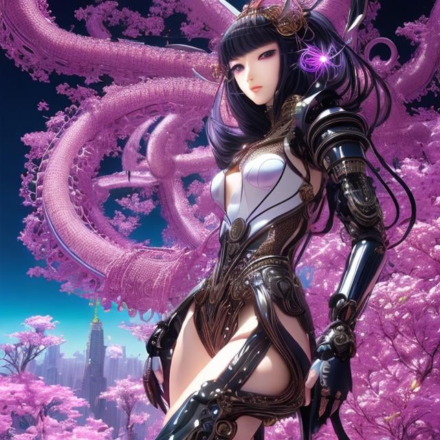 Prompt: Masamune Shirow, Hajime Sorayama, Naoyuki Katoh, Harry Clarke, Surreal, mysterious, strange, fantastical, fantasy, Sci-fi, Japanese anime, enter the VR game world, beautiful girl warrior in a mechanical suit fights in a transported different world, perfect voluminous body, octopus monster, giant, bird's eye view, wide angle, detailed perspectives masterpiece angles 