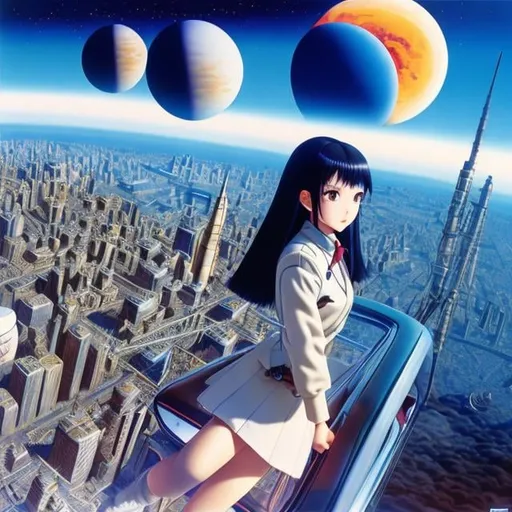 Prompt: Takashi Itō, Wenzel Jamnitzer, Surreal, mysterious, bizarre, fantastical, fantasy, Sci-fi, Japanese anime, wind-up taxi, beautiful high school girl in a miniskirt, perfect voluminous body, connection between the inside of the earth and the universe, inside the clock, detailed masterpiece 