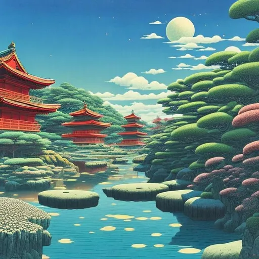 Prompt: Hasui Kawase, Surreal, mysterious, strange, fantastical, fantasy, Sci-fi, Japanese anime, garden in the sky, sea of ​​stars, sea, ships, and people, rock pools are microcosms, water planets, detailed masterpiece 