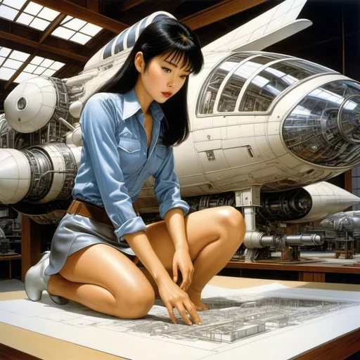 Prompt: Hajime Sorayama, Werner Holz, Craig Foster,  Mead, Katsuhiro Otomo, Surrealism, mysterious, bizarre, fantastical, fantasy, Sci-fi, Japanese anime, wooden spaceship design and assembly factory, miniskirt beautiful girl engineer checking blueprints, perfect voluminous body, detailed masterpiece plan drawings mechanical 