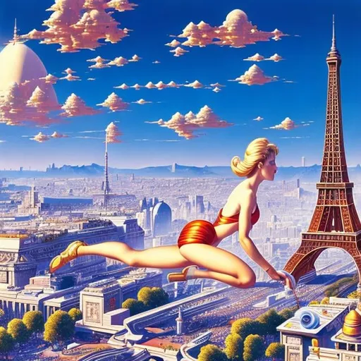 Prompt: Jean Giraud, Anne Anderson, Surreal, mysterious, strange, fantastical, fantasy, Sci-fi, Japanese anime, flying girl, perfect voluminous body, Eiffel Tower, taxi, bird's eye view, detailed masterpiece 